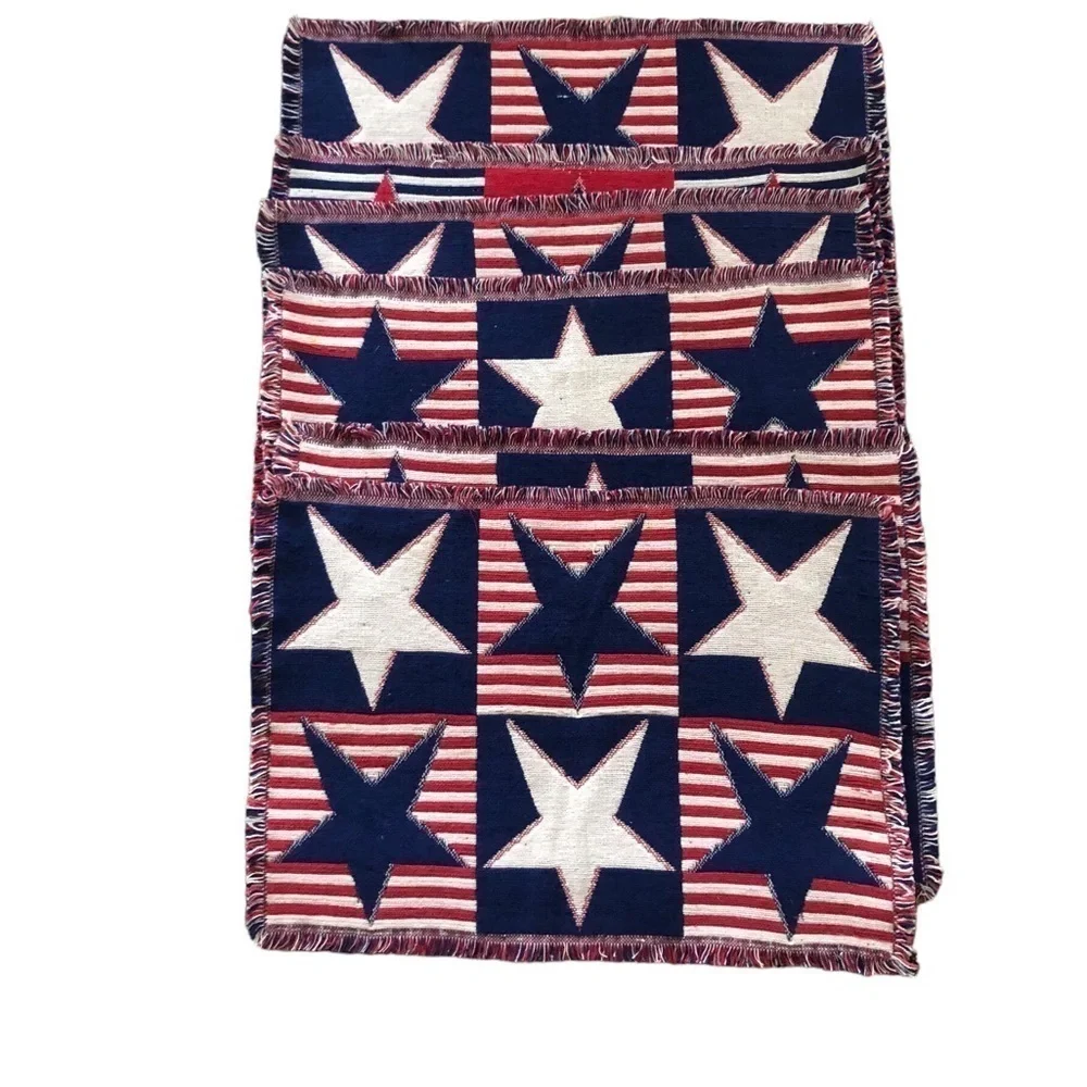 Country Americana Stars Stripes Placemats X6 Red White Blue Fringe Edge 18X13”